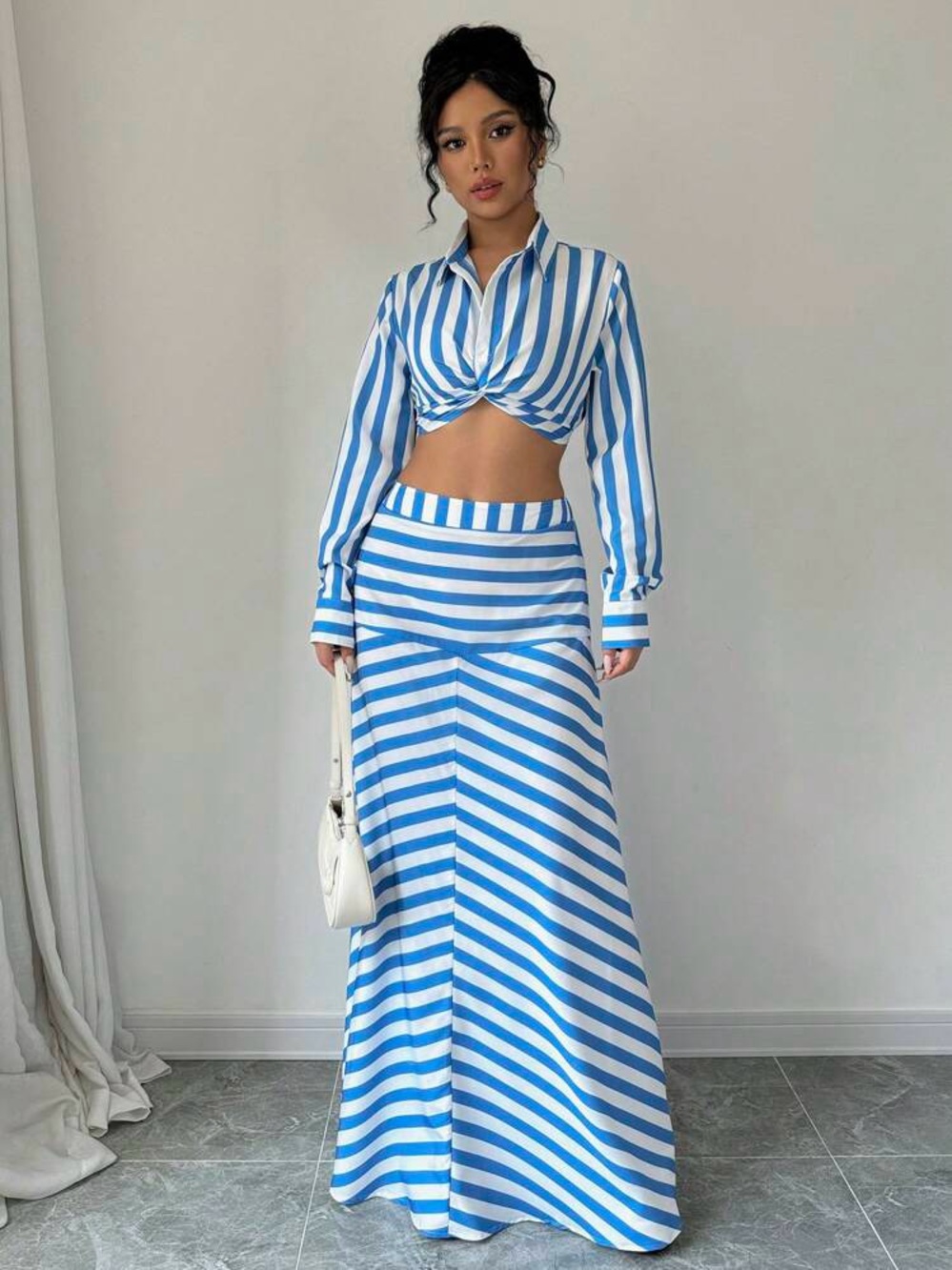 Blue and White Striped Two-Piece Set - Crop Top & Maxi Skirt Set